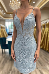 V Neck Light Blue Short Lace Semi Formal Prom Dresses, Light Blue Short Blue Lace Graduation Homecoming Dresses